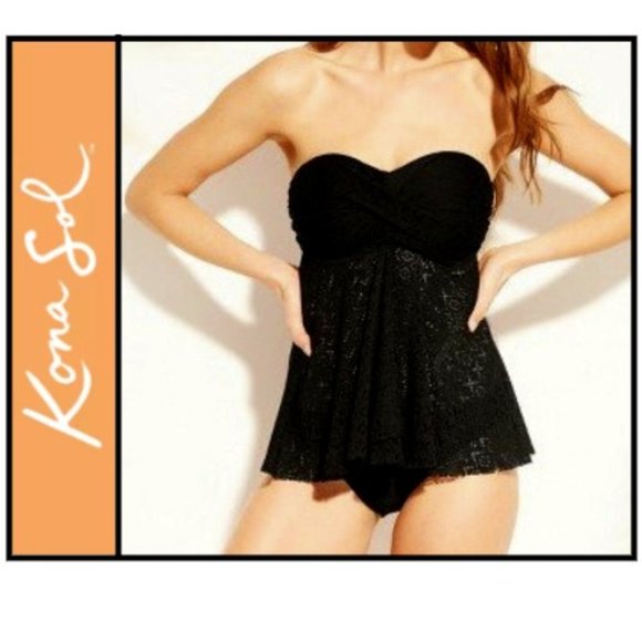 Kona Sol Swim Womens Medium Crochet Flyaway Tankini Kona Sol Black